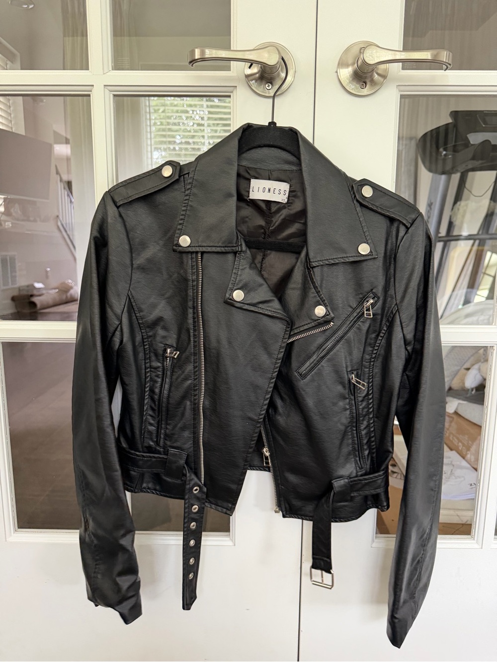 Lioness Black Faux Leather Moto Jacket with Belted Waist